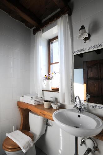 a bathroom with a sink and a toilet and a mirror at Matievics Borászat és Vendégház in Szálka
