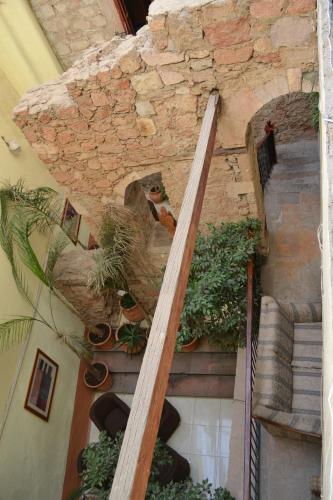 a stone staircase with potted plants on the side of a building at Hotel Casa Santa Lucia in Zacatecas