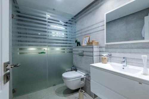 a bathroom with a shower and a toilet and a sink at Villa Verde Azura in Bin Rhilouf