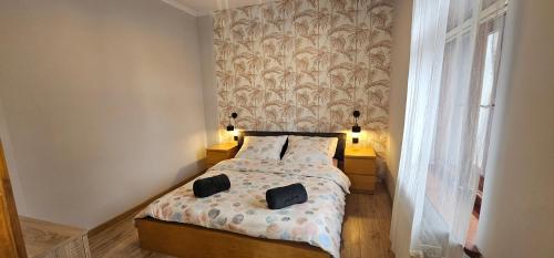 a bedroom with a bed with two bags on it at Rest & Relax Górzyniec in Piechowice