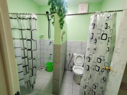 a bathroom with a toilet and a shower at Charming Urban Hideout in Puerto Princesa City
