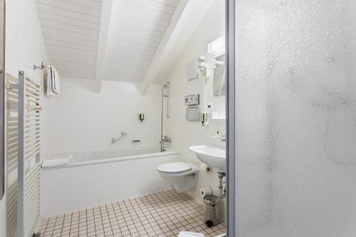 a white bathroom with a toilet and a sink at Stylish Duplex Apartment in Morges