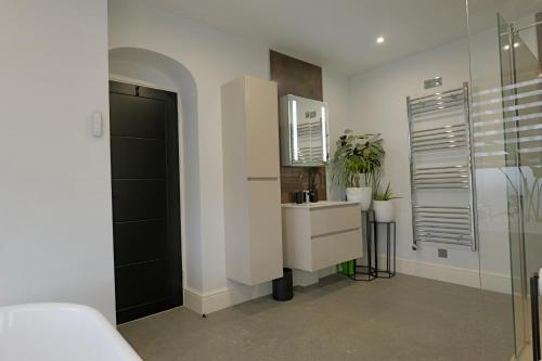 a bathroom with a sink and a mirror and a shower at The Tall Trees Hotel in Amlwch