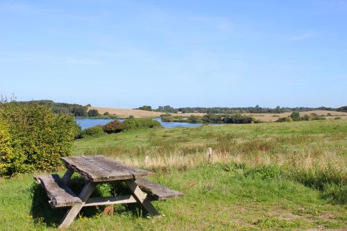 a picnic table in a field next to a lake at Hotel Højbysø in Højby