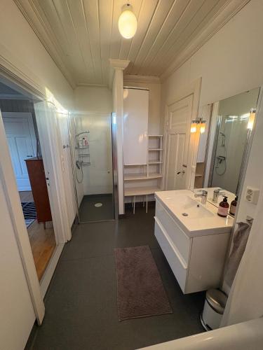 a bathroom with a sink and a mirror at Large Family Friendly Apartment in Lillehammer