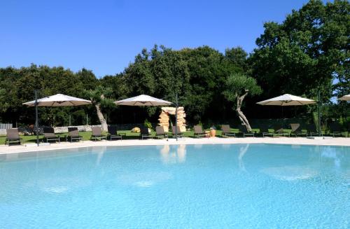 a large swimming pool with chairs and umbrellas at Masseria Chiancone Torricella in Martina Franca