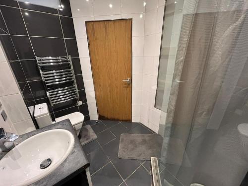 a bathroom with a sink and a shower and a toilet at Sunderland City Cozy Flat in Sunderland
