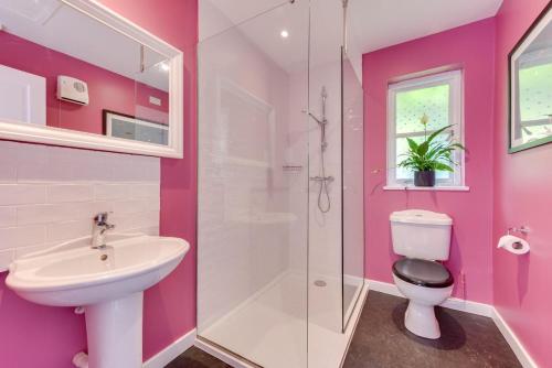 a pink bathroom with a toilet and a sink at 2 Bed in Tunstall oc-ivylod in Rendlesham