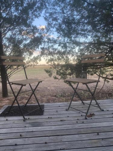 two picnic tables on a deck under a tree at Plain Bush by Tiny Away in Bohena Creek