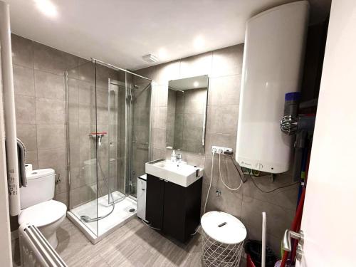 a bathroom with a toilet and a sink and a shower at Loft 4 personas en La Molina in La Molina