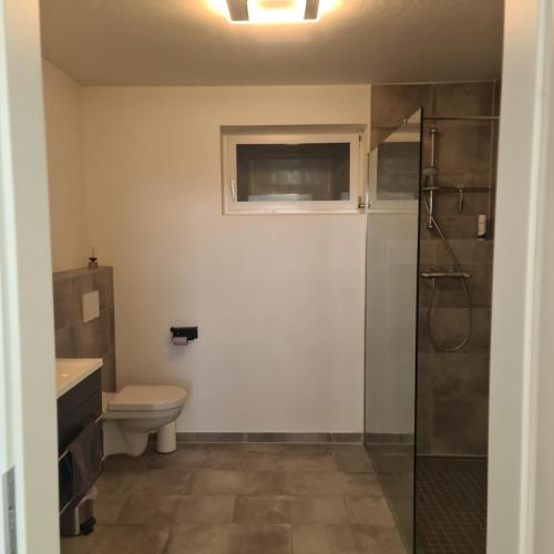 a bathroom with a toilet and a sink and a shower at Apartment „Am Südhang“ in Adelzhausen