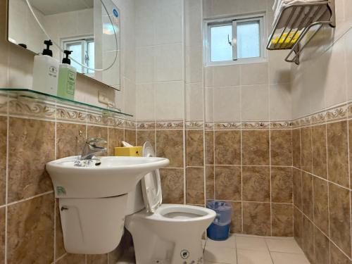un bagno con un water, un lavandino e uno specchio di Camellia B&B a Città di Taitung
