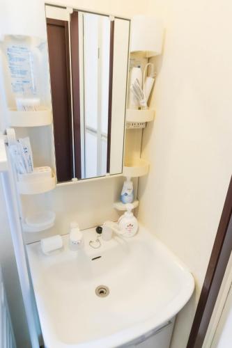 a bathroom with a white sink and a mirror at Fuji Life House in Fuji