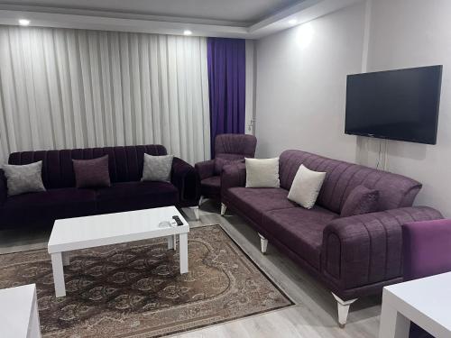 a living room with purple couches and a flat screen tv at Taner Berk Apart 4 in Antalya