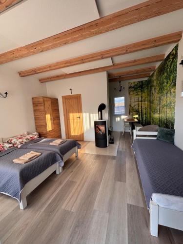 a bedroom with two beds and a fireplace at Między lasem a wsią-kameralne domki dla dorosłych-jacuzzi i śniadanie w cenie in Grzybowo