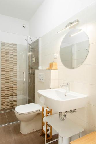 a bathroom with a sink and a toilet and a mirror at Med oljkami Apartment in Koper