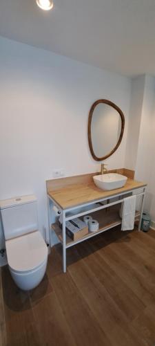 a bathroom with a sink and a toilet and a mirror at EBEIA Casas Rurales IBEAS DE JUARROS (BURGOS) in Ibeas de Juarros