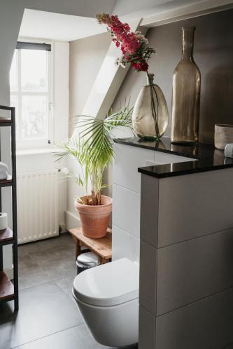 a bathroom with a toilet and flowers on a counter at Herberg d'n brouwer in Zeeland