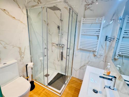 a bathroom with a shower with a toilet and a sink at Bela Vista Studio in Ponta Delgada