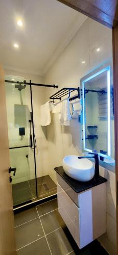 a bathroom with a sink and a glass shower at Cathelea Convention & Suites in Benin City