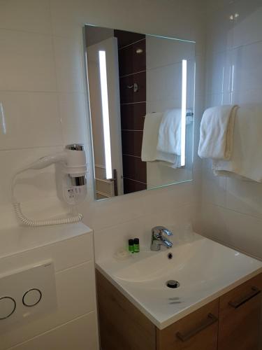 a bathroom with a sink and a mirror at Hôtel du Cheval Rouge in Versailles