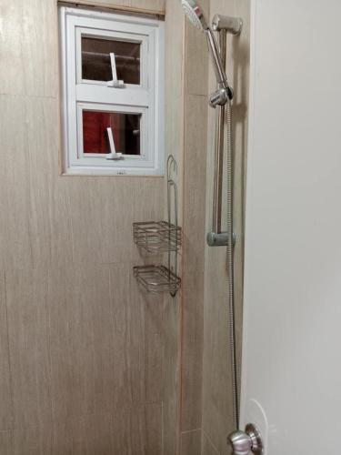 a shower with a window in a bathroom at Jannish Transient House in Masbate