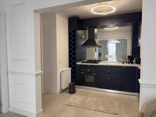 a kitchen with black cabinets and a stove top oven at Boutique Apartment in Ploieşti