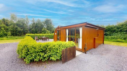 a small wooden house with glassdoors in a garden at Orchard Glamping in Catterall