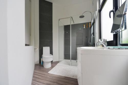 a bathroom with a white sink and a toilet at Aurora Villa in Lesa