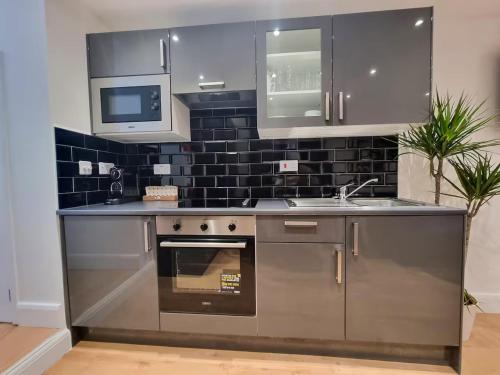 a kitchen with stainless steel appliances and a sink at Modern two bedroom flat with private garden in London