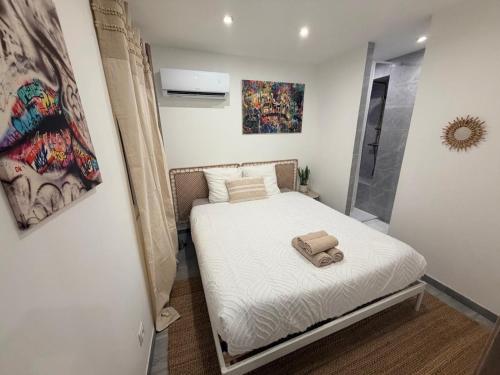 ein kleines Schlafzimmer mit Bett und Dusche in der Unterkunft Villa Heritage in Beausoleil