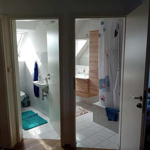 a bathroom with a shower and a sink at Ferienwohnung Dietz in Dießen am Ammersee