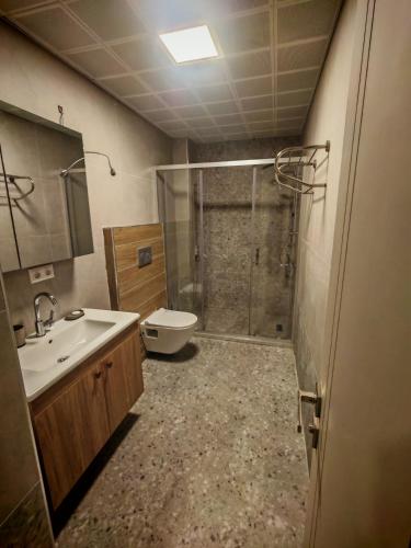 a bathroom with a shower and a sink and a toilet at Suitev in Arnavutköy