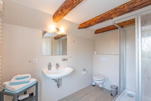 ein weißes Badezimmer mit Waschbecken und Toilette in der Unterkunft Elblounge in Grünendeich