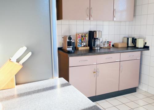a kitchen with white cabinets and a counter top at Pension Berggasse - Parkplatz, Smart-TV & Küche in Olbernhau