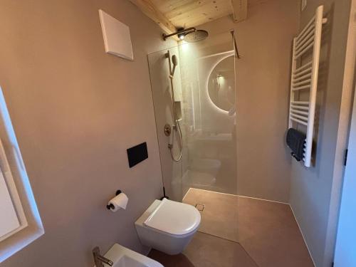 a small bathroom with a toilet and a shower at Praterhof Chalet in Südtirol - Natur, Ruhe & Bergblick in Bressanone