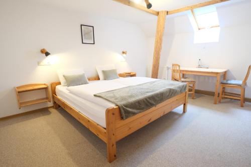 a bedroom with a bed and a table and a chair at Pension Berggasse - Parkplatz, Smart-TV & Küche in Olbernhau