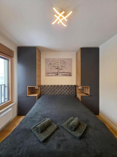 a bedroom with a large bed with two pillows on it at Apartman Raj VV sa garazom Vrnjačka Banja in Vrnjci