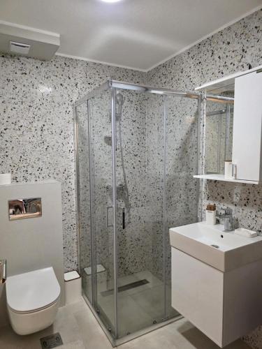 a bathroom with a shower and a toilet and a sink at Apartman Raj VV sa garazom Vrnjačka Banja in Vrnjci