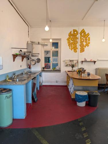 a kitchen with two sinks and a red rug at Black Forest Hostel in Freiburg im Breisgau
