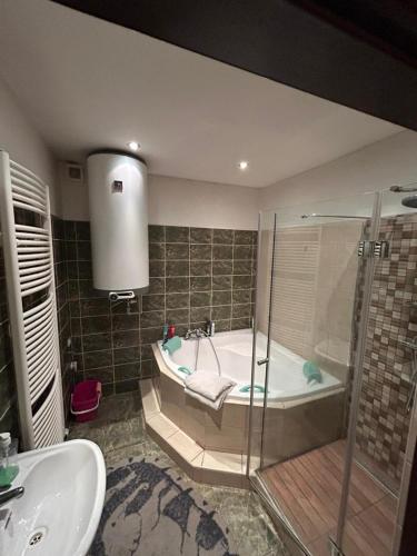 a bathroom with a tub and a sink at Apartmán u Milana v Pisku in Písek