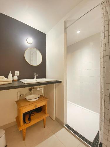 a bathroom with a sink and a shower at Les volets verts in Pont-Croix