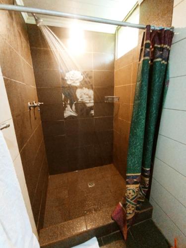 a shower with a green shower curtain in a bathroom at Ecotropicfarmhouse in Cerro Azul
