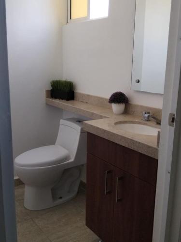 a bathroom with a toilet and a sink at Hermosa casa familiar con terraza comoda in Xochitepec