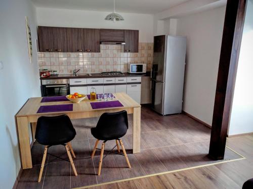 een keuken met een tafel en 2 stoelen en een koelkast bij Apartments Tome in Ljubljana