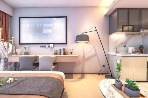 a bedroom with a bed and a desk and a tv at Skyline Grand International Hotel - Prime Tianhe City Center Walkable Subway Top Pick for Canton Fair Stunning High Floor Panoramic City View Luxury Guest Rooms in Guangzhou