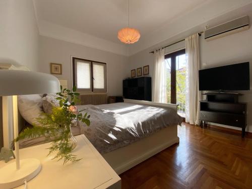 a bedroom with a bed and a flat screen tv at Bamboo & Bird House, Chalandri in Athens