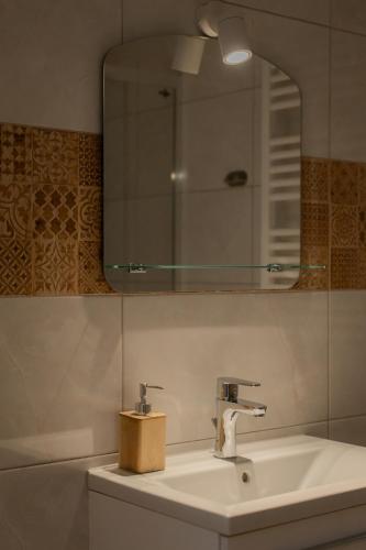 a bathroom with a sink and a mirror at Mościce Dolne 69 in Nowosiółki
