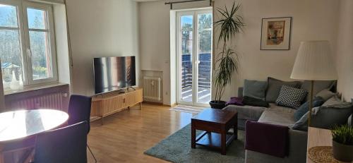 a living room with a couch and a tv at Ferienwohnung Lucia Amorbach in Amorbach
