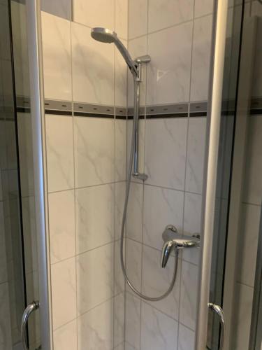 a shower in a bathroom with a glass door at Großes Apartment Aschaffenburg 4 Schlafzimmer bis zu 10 Personen Mainpark Apartment Mainaschaff in Mainaschaff